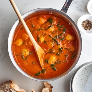 3-Ingredient Trader Joe’s Dinner: Tomato Soup with Stuffed Gnocchi and Spinach