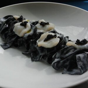 Squid Ink Pasta with Coconut Milk, Scallops, and Caviar