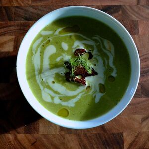 Pea Soup with Meyer Lemon Cream and Fried Shallots