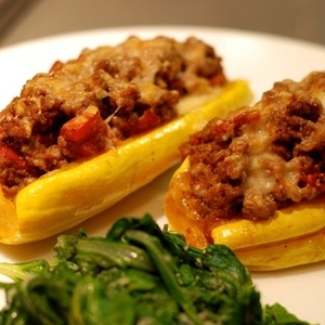 Delicata Squash Stuffed with Spiced Meat and Tomatoes (serves 2) and a side of Sauteed Chard recipes